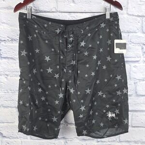 NWT Stussy Mens Star Print Board Cargo Shorts‎ Black Grey Swim Trunks Size 33